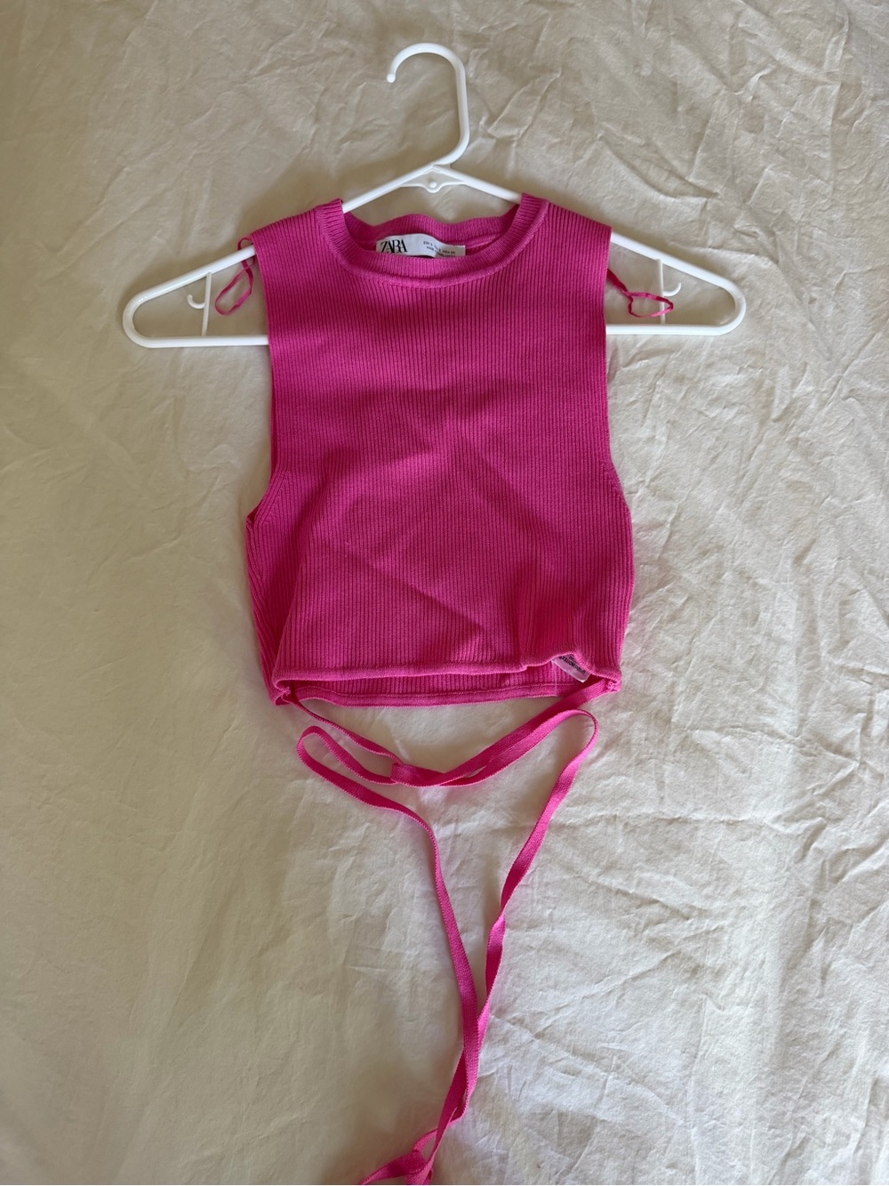 Zara Hot Pink Ribbed Cropped Tank with Tie Detail